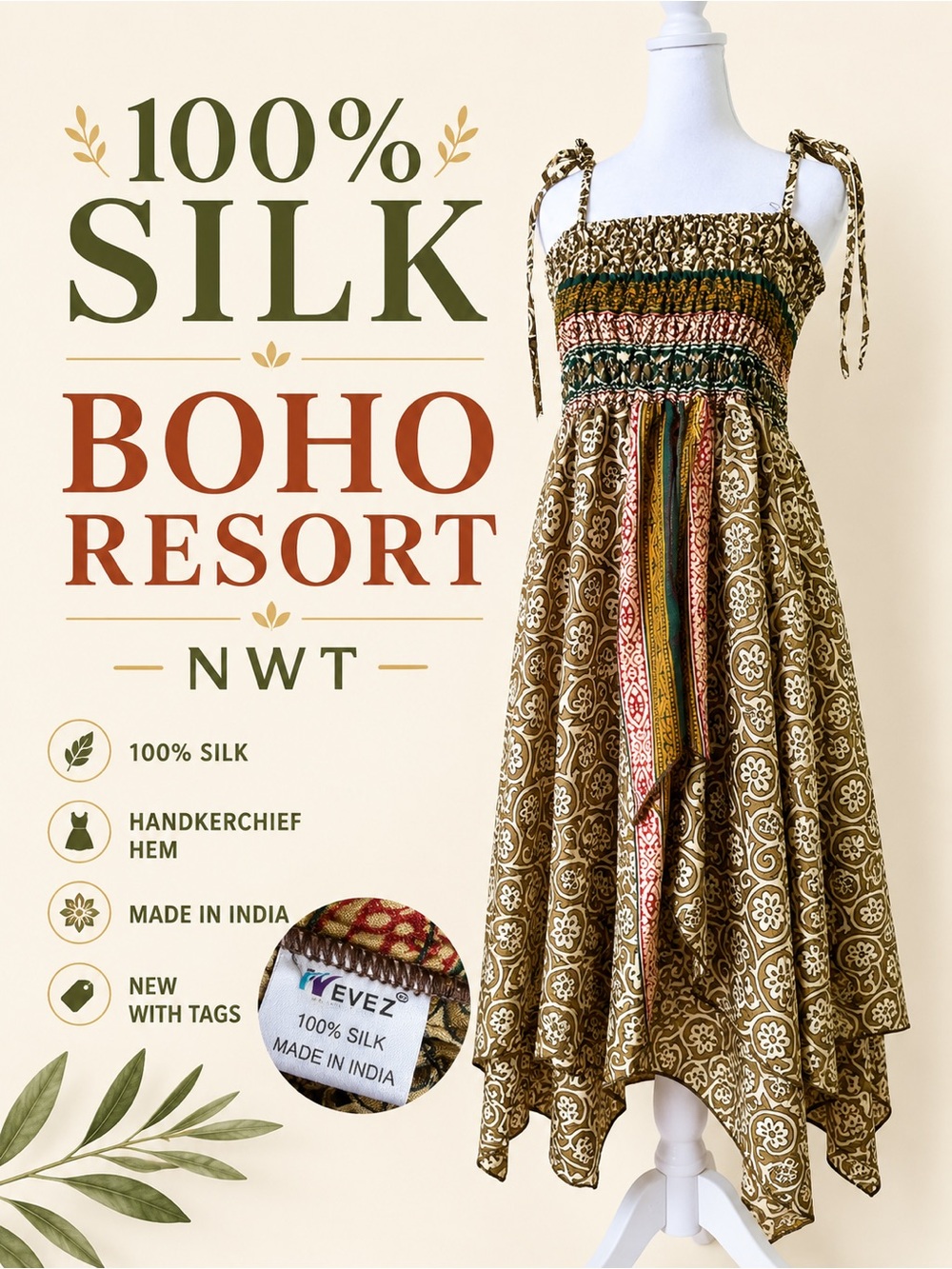 Boho Resort Silk Midi Dress in Olive/Brown